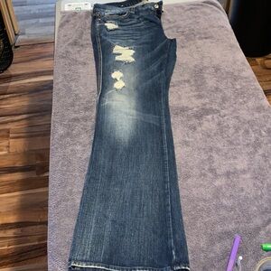 7 For All Mankind Dark Blue Distressed Flare Jeans in